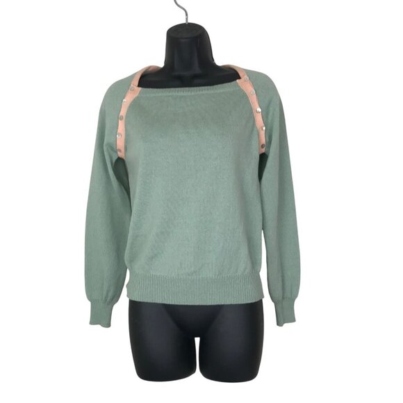 Paul & Joe Light Weight 100% Wool Boat Neck Sweater Green & Peach Size 2 - Picture 1 of 7